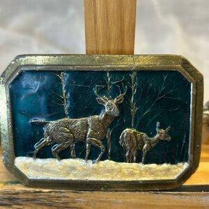 Vintage collectable enamel deer doe belt buckle made in USA
